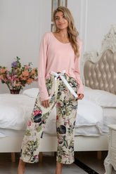 Round Neck Top and Printed Pants Lounge Set Watermelon pink OutfitFlow