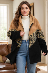 Plus Size Leopard Zip Up Hooded Outerwear Camel OutfitFlow