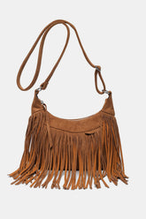 Suede Fringe Adjustable Strap Shoulder Bag Caramel One Size OutfitFlow