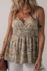 Paisley Printed Smocked Babydoll Cami Khaki OutfitFlow