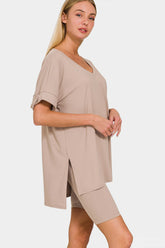 Zenana Full Size V-Neck Short Sleeve Slit T-Shirt and Shorts Set Ash Mocha OutfitFlow