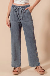 SO ME Mid Rise Drawstring Jeans with Side Snap Button DENIM OutfitFlow
