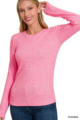 Zenana Ribbed Long Sleeve Round Neck T-Shirt FUCHSIA OutfitFlow