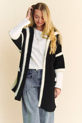 Davi & Dani Fuzzy Trim Open Front Loose Fit Cardigan Black OutfitFlow