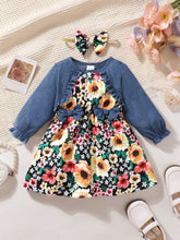 Children's Ruffled Bow Contrast Floral Dress with Headband Floral OutfitFlow