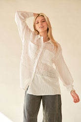Davi & Dani Crinkled Jacquard Button Down Shirt White OutfitFlow