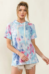 BiBi Tie Dye Terry Hoodie with Drawstring AQUA BLUE OutfitFlow