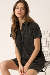 Mittoshop Button Detail Collared Neck Short Sleeve Shirt Dress Black OutfitFlow