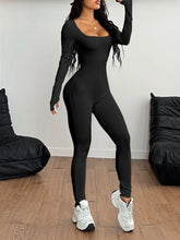 Square Neck Long Sleeve Active Jumpsuit Black OutfitFlow