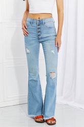Full Size Jess Button Flare Jeans Light OutfitFlow