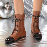 Contrast Lace Up Point Toe Boots Dark Brown OutfitFlow