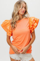 BiBi Knit Top Woven Ruffle Tiered Sleeves APRICOT OutfitFlow