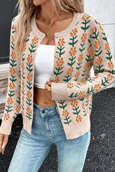 Floral Button-Up Knit Cardigan Beige OutfitFlow