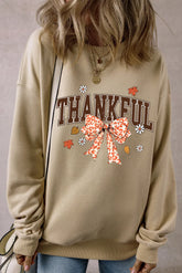 THANKFUL Bow Round Neck Long Sleeve Sweatshirt Khaki OutfitFlow