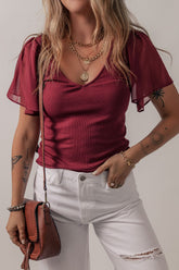Mesh Short Sleeve Slim V-Neck Top Burgundy OutfitFlow