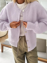 Button-Front Round Neck Cardigan Pink Purple OutfitFlow