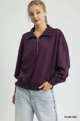 Umgee Half Zip Drop Shoulder Sweatshirt PLUM-UMG OutfitFlow