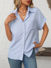 Mandy Pocketed Striped Collared Neck Short Sleeve Shirt Light Blue OutfitFlow