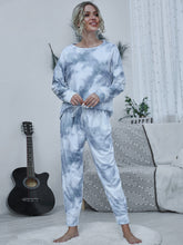 Shiny Tie-dye Round Neck Top and Drawstring Pants Lounge Set Cloudy Blue OutfitFlow