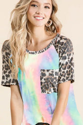 BiBi Tie Dye Knit Top with Leopard Raglan Sleeves PASTEL TIEDYE OutfitFlow