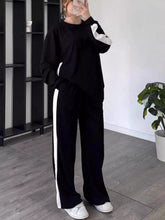 Full Size Contrast Round Neck Top and Pants Set Plus Size Black OutfitFlow