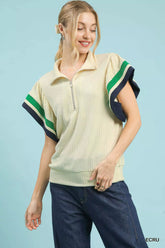 Umgee Textured Half Zip Top with Striped Flutter Sleeves ECRU OutfitFlow