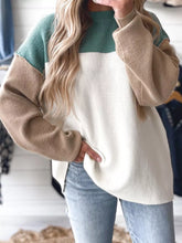 Color Block Plain Ribbed Knit Sweatshirt Dark Green OutfitFlow