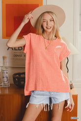 Zenana Woven Double Gauze Acid Washed Short Sleeve Top CORAL OutfitFlow