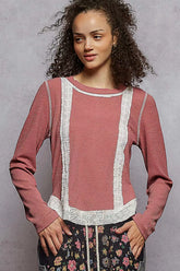 POL Contrast Round Neck Long Sleeve Ribbed Top with Eyelet Patch MAUVE PINK OutfitFlow