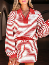 Stripe Collared V Neck Drop Shoulder Pullover and Skort 2pcs Outfit Orange-Red Trendsi