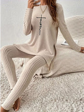 Side Slit Round Neck Long Sleeve Top and Pants Set Dust Storm OutfitFlow