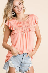 BiBi Jersey Knit Gathered Top with Ruffles CORAL OutfitFlow