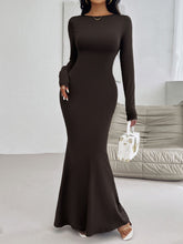 Devine Backless Round Neck Long Sleeve Maxi Dress Chocolate OutfitFlow