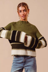 SO ME Multi Color Striped Mock Neck Sweater OLIVE COMBO OutfitFlow