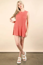 VERY J Slit Round Neck Top and Shorts Sweater Set Coral OutfitFlow