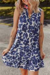 Floral Sleeveless Color Block Notched V Neck Mini Dress Dusty Blue OutfitFlow