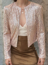 Full Size Sequin Open Front Cropped Jacket Rose Gold OutfitFlow