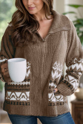 Zip Up Long Sleeve Geometric Cardigan Taupe OutfitFlow