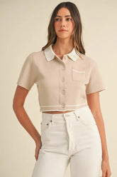 MABLE Button Down Contrast Collared Knit Cardigan Tan OutfitFlow