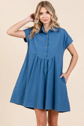 Mittoshop Twill Short Sleeve Collared Mini Dress DENIM OutfitFlow