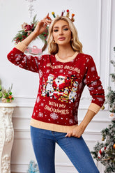 Christmas Pattern Round Neck Long Sleeve Sweater Orange-Red OutfitFlow