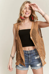 ADORA Button Down Crochet Vest Top CAMEL OutfitFlow