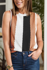 Color Block Round Neck Sweater Vest Camel OutfitFlow