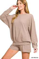 Zenana Slub Long Sleeve Top and Shorts Set ASH MOCHA OutfitFlow