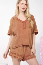 VERY J Washed Cotton Crinkle Gauze Top and Shorts Set Mocha OutfitFlow