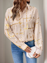 Perfee Printed Collared Neck Long Sleeve Shirt Tan OutfitFlow