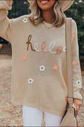 HELLO Flower Round Neck Long Sleeve Sweater Khaki OutfitFlow