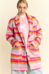 Davi & Dani Contrast Striped Open Front Coat with Pockets Pink Orange OutfitFlow