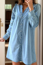 Button Up Notched Long Sleeve Denim Dress Light Blue OutfitFlow