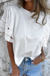 Hollow Out Embroidered Short Sleeve Round Neck Top White OutfitFlow